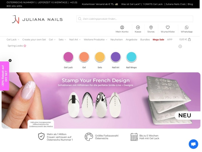 Screenshot des Onlineshops von Juliana Nails