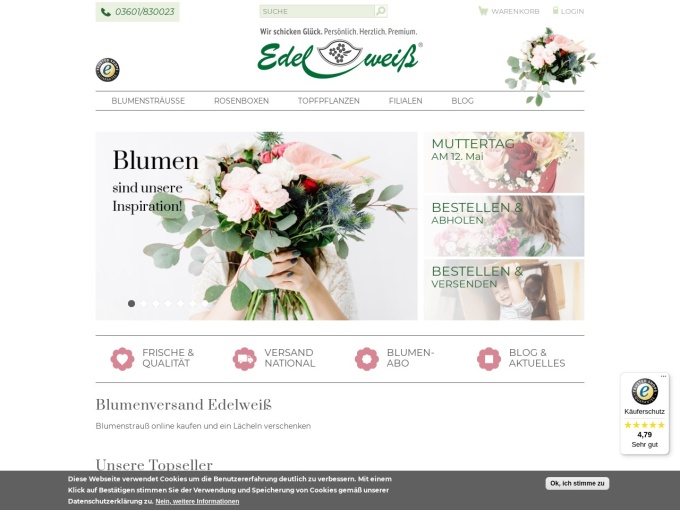 Screenshot des Onlineshops von Blumenversand Edelweiss