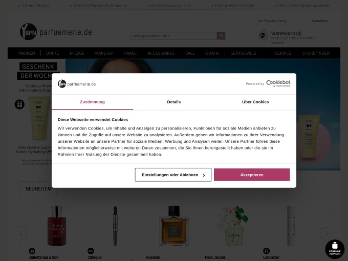 Screenshot des Onlineshops von parfuemerie.de