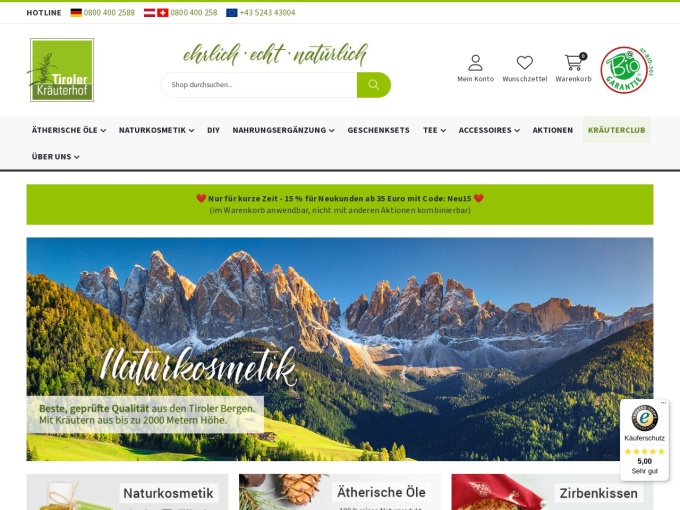 Screenshot des Onlineshops von Tiroler Kräuterhof